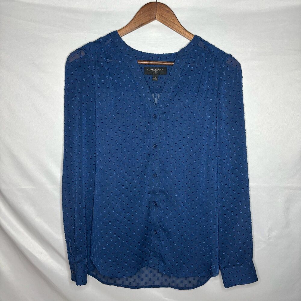 Banana Republic Women's Semi Sheer Blouse Navy Blue Polka Dot Size S